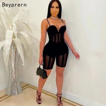 Beyprern New Chic Spagetti Straps Caged Romper (Black) Womens Jumpsuits Sexy See Through Sheer Mesh Skinny Bodysuits Party